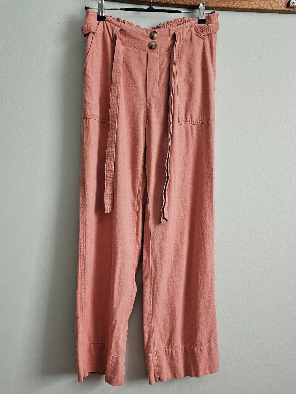 Mason & Belle Coral Linen Blend Tie Waist Wide Leg Pants, Small